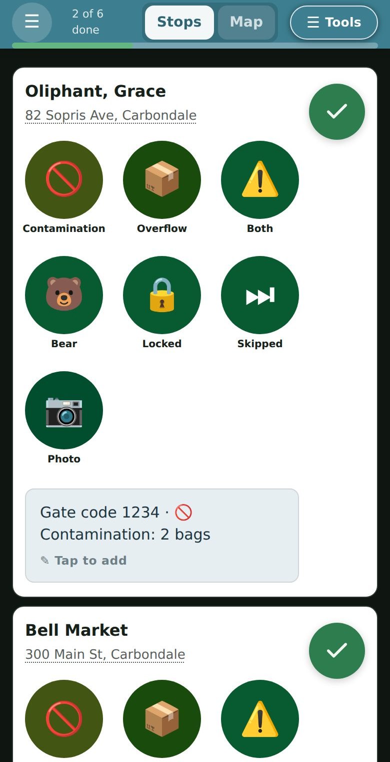 A stop on a phone: the customer name and address, a large green tick to
                  mark it done, seven round report buttons — contamination, overflow, both,
                  bear, locked, skipped, photo — and the driver's note underneath.